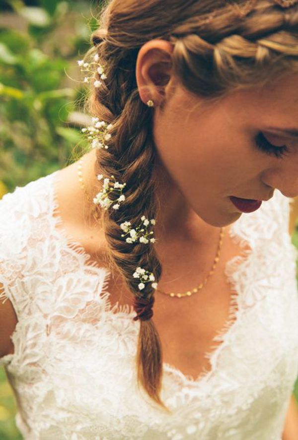 French braid into side fishtail braid adorned with flowers for bridal hairdo, image by Parker Young Photography | The Pink Bride www.thepinkbride.com